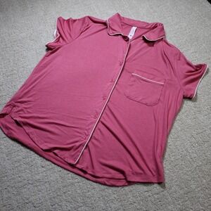 Auden Womens Pink Short Sleeve Button Down Pajama Top White Piping Size Large